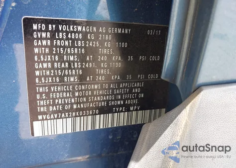 2017 Volkswagen Tiguan 2.0T/2.0T S из США, поврежденный, VIN WVGAV7AX2HK033670